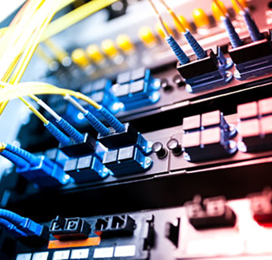fiber optic with servers in a technology data center .